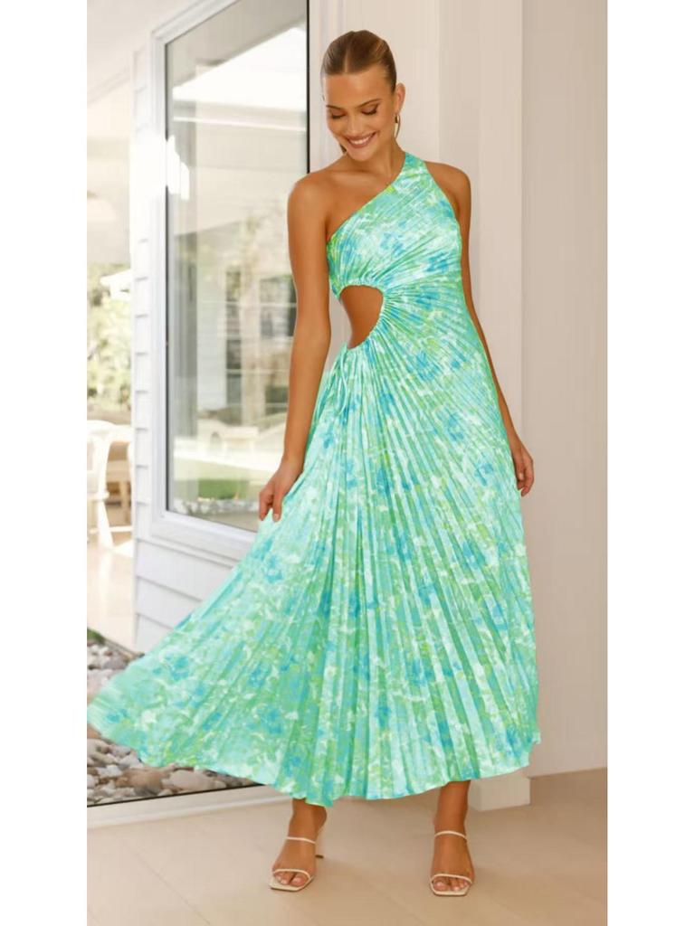 Elegant One-Shoulder Pleated Evening Dress with Waist Cutout - Spring/Summer Style