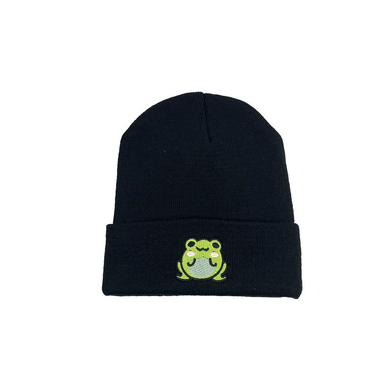 Unisex Cute Cartoon Frog Embroidery Jacquard Knitted Acrylic Common Hat for Adults-Student Pullover Warm Cold Weather