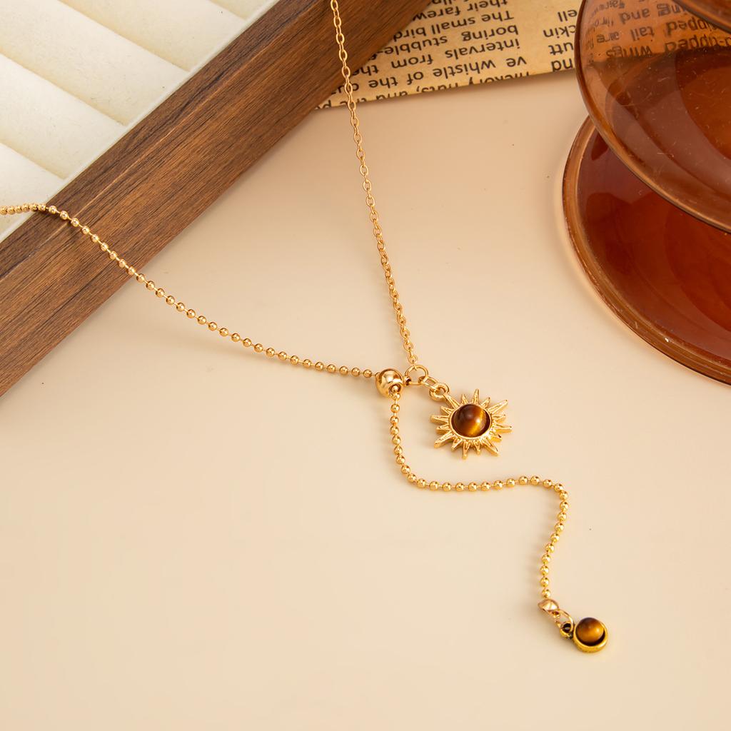 Maillard Style Tiger Eye Stone Pendant Y-shaped Thin Chain Sweater Necklace Women's Fashion Adjustable Rope Chain Daily Jewelry