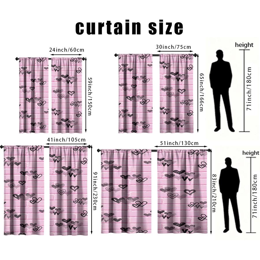 2PCS pink black heart-shaped curtains   artistic style   bedroom and living room   decorative curtains with drawbar pockets