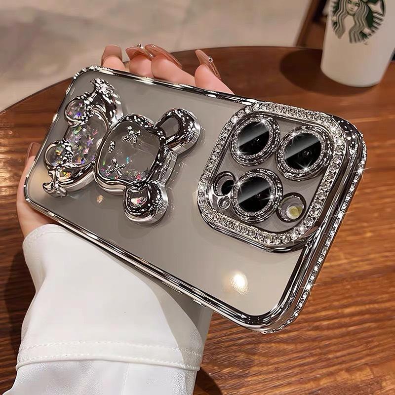 Quicksand Violent Bear Applies To Apple 17 Mobile Phone Case Electroplated Rhinestone iPhone16promax Lens Flash Drill Soft Case