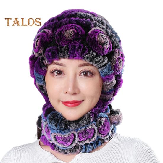 

Женская зимняя шапка со встроенным шарфом, толстая теплая, из искусственного меха кролика Рекс с цветочным декором, ветрозащитная, полная защита, для путешествий на открытом воздухе, для холодной погоды фиолетовый