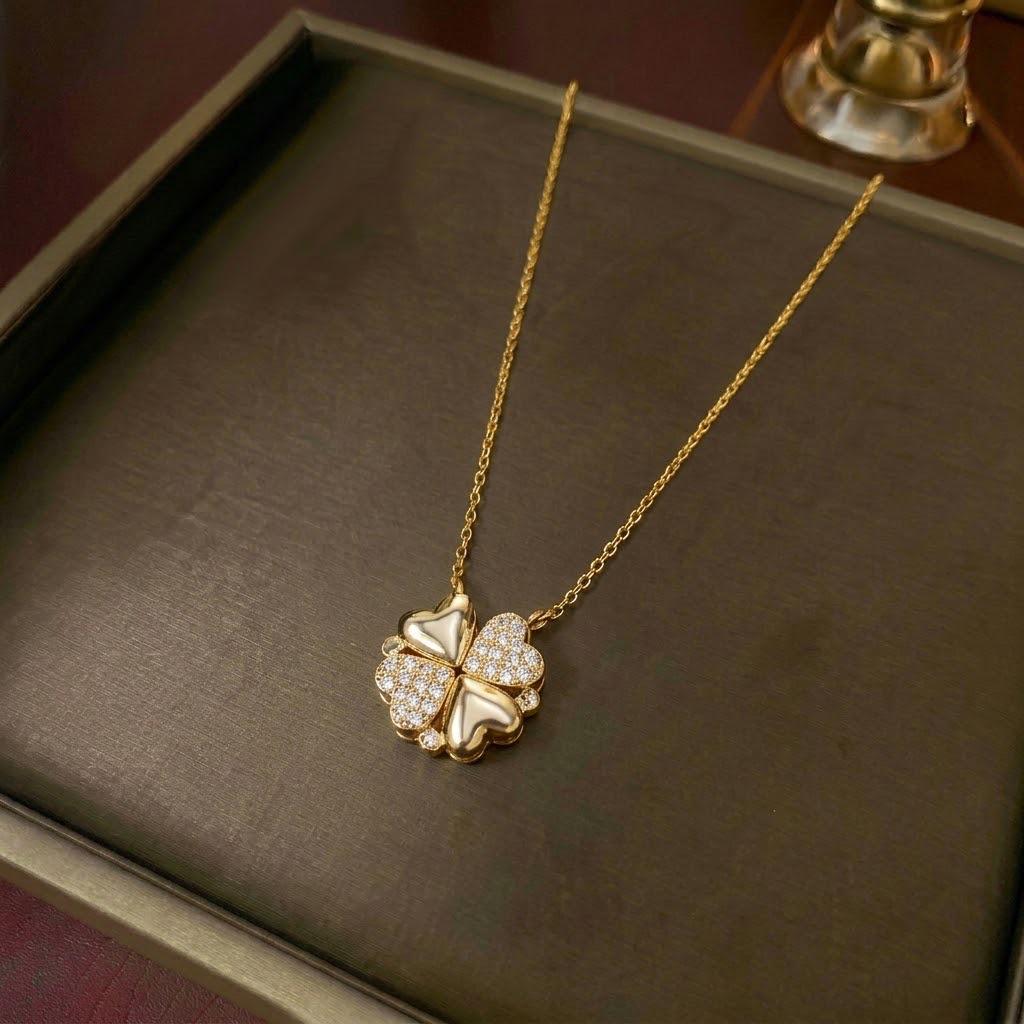 Women's Heart-Shaped Necklace with Four-Petal Flower, Cubic Zirconia, Titanium Steel Clavicle Chain - Elegant and Versatile Accessory