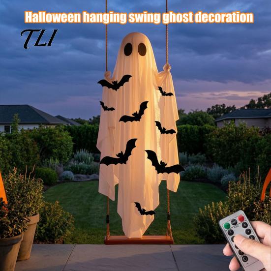 Halloween Hanging Swing Ghost Large Decoration, Light Up Spooky Swinging Courtyard Decorations with 3D Bats for Front Porch, Yard, Garden, Tree