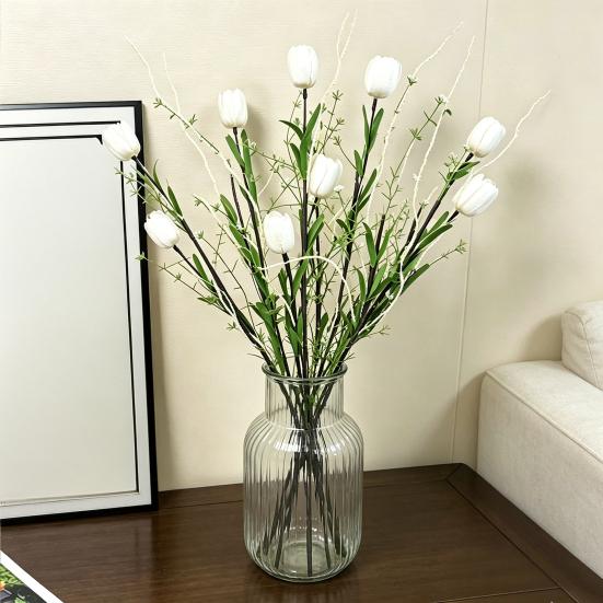 Artificial Tulip Flower Realistic Fake Flower Bouquet Long Stem Faux Floral Arrangement for Home Office Wedding Decoration