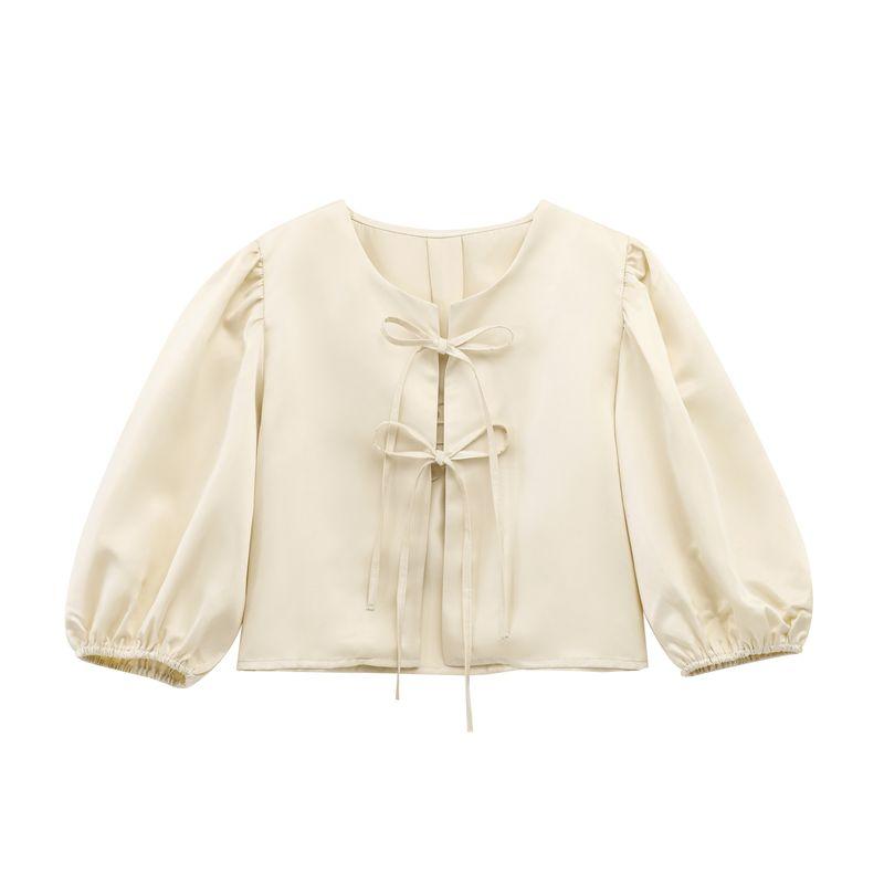 Kaslead New Arrival Women's Fashion Style Fashion Satin Puff Sleeves Bows Short Top