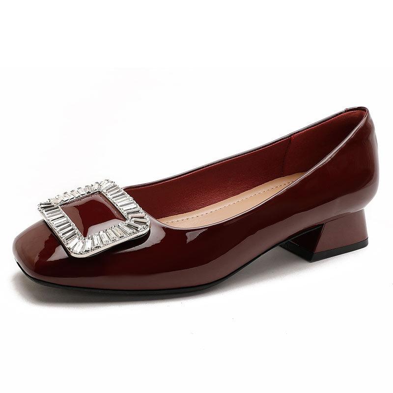 Square head high heels women's 2025 spring new rhinestone square buckle low heel red wedding shoes French light mouth single shoes thick heel