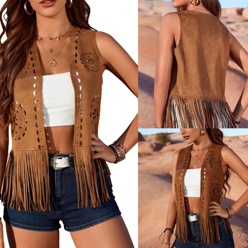 Bohemian Fringe Vest Women's Stylish Outerwear Soft Polyester Cowgirl Western Costume For Everyday Wear