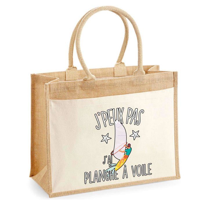 Cabas / Sac de plage - PLANETEE - Jute avec poche « Planche à Voile J'peux pas » - Coton - 43x33 cm - Multicolore