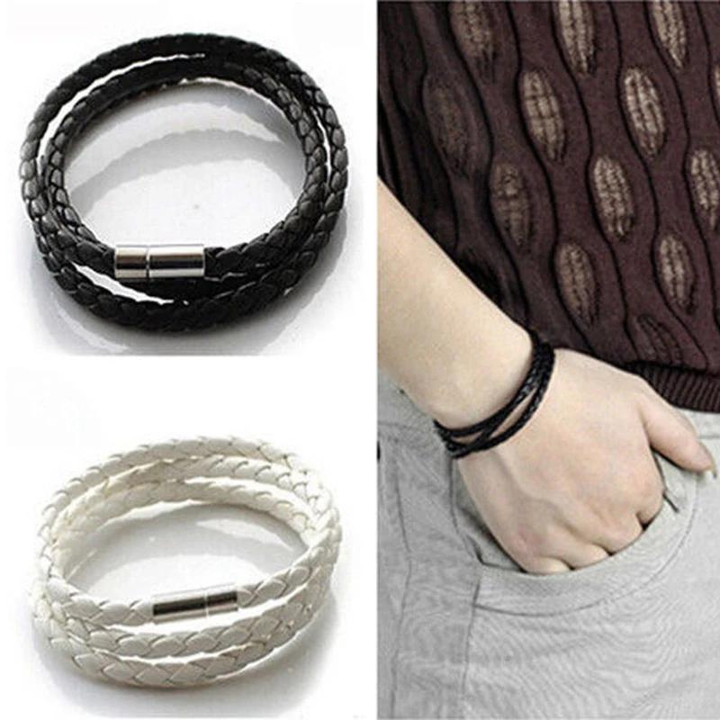 Fashion Multi-layer Wrap Braid Long Chain PU Leather Bracelet Adjustable Magnet Buckle Unisex Stackable Jewelry For Women Men
