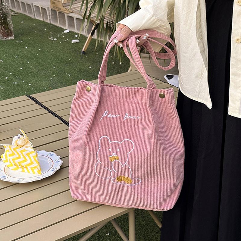 Women Corduroy Shoulder Bags Bear Pattern Ladies Casual Handbag Reusable Large Capacity Tote Bags Casual Female Shopping Bags