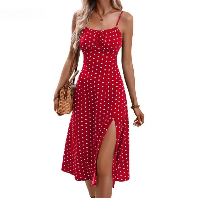 

Элегантное платье с принтом, боковым разрезом и квадратным вырезом, модное повседневное миди-платье для пляжной свадьбы для женщин и девушек XXL красный