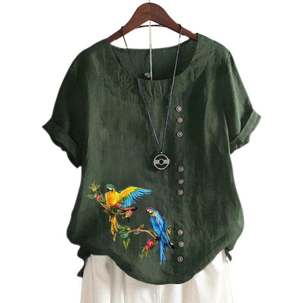 Barevný dámský top s kulatým výstřihem a krátkým rukávem s tištěným vzorem