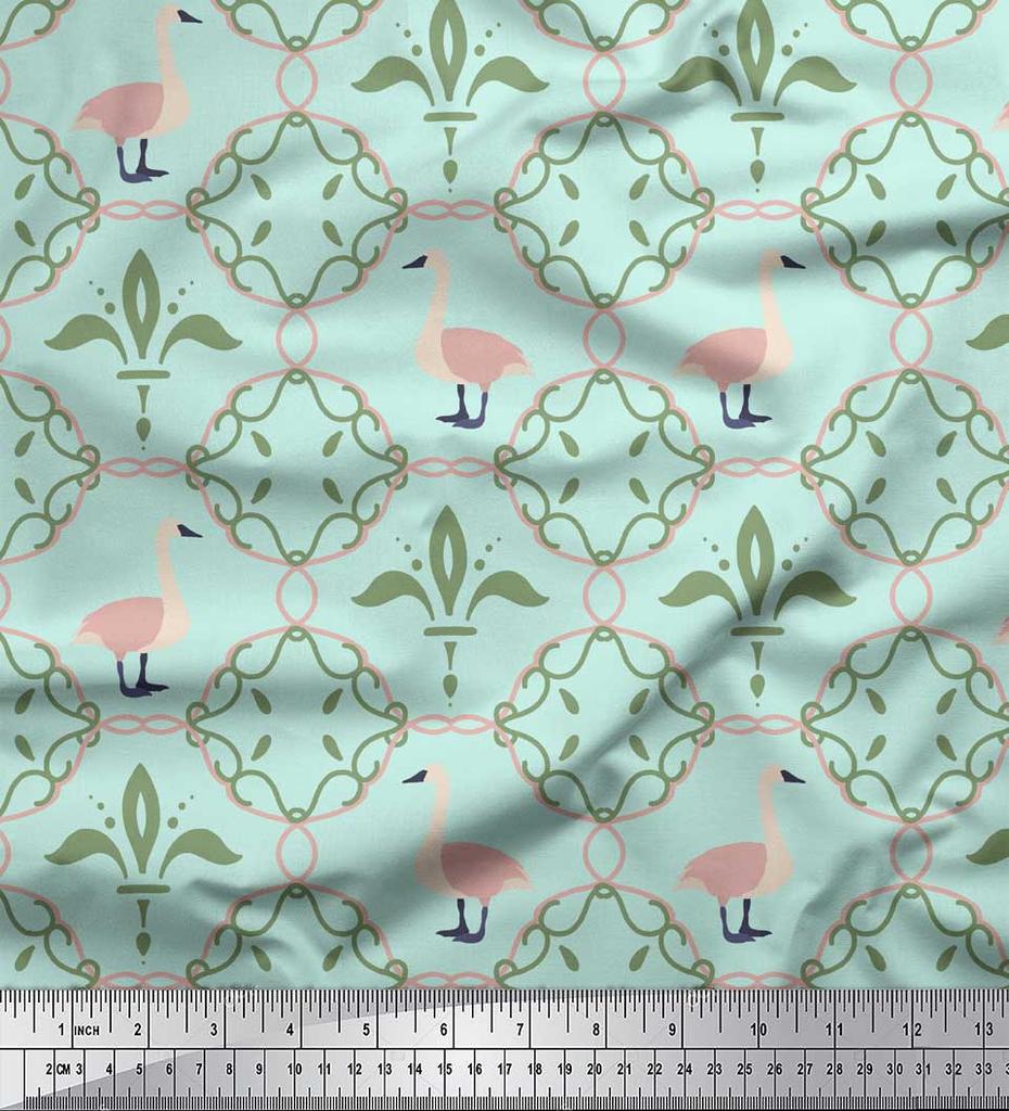 Soimoi Green Japan Crepe Satin Fabric Swan & Moroccan Damask Print Fabric by the Metre 42 Inch