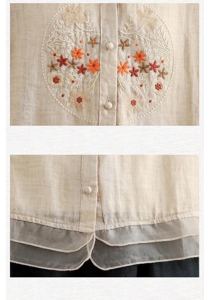 Retro Embroidered Organza Patchwork V-Neck Shirt for Women - Summer Mid-Sleeve Trendy Top
