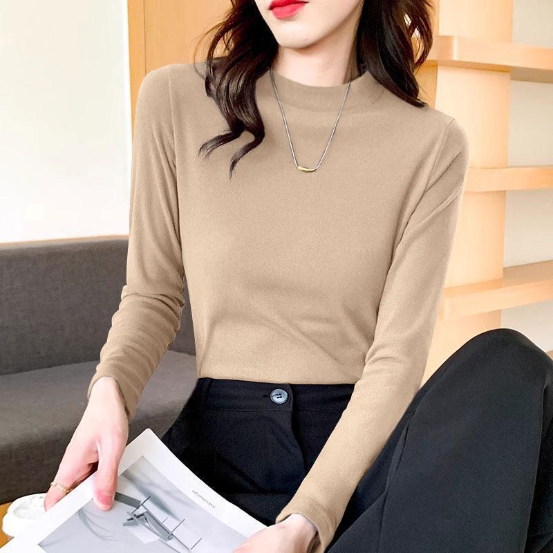 Women's Slim-Fit Ribbed Plush Long-Sleeve Thermal Top for Autumn & Winter