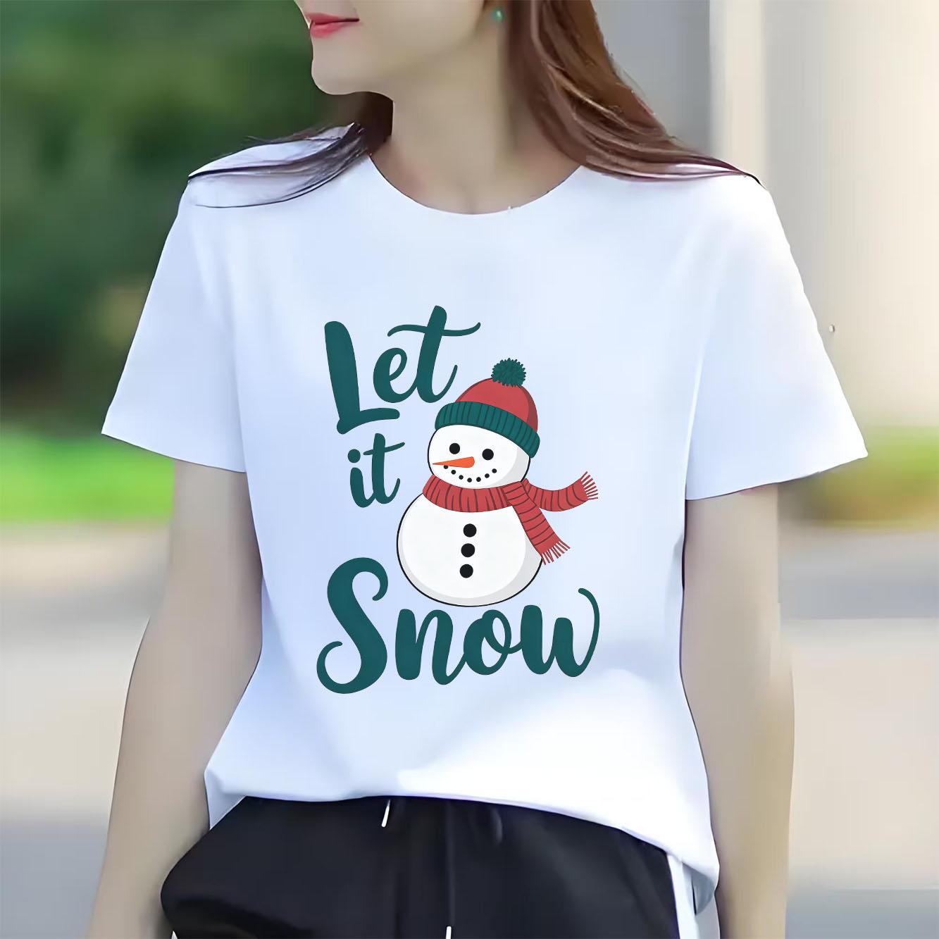 

Christmas snowUnisex cartoon printed Womens short sleeved holiday Tshirt with summer round neck suitable for daily versatility S