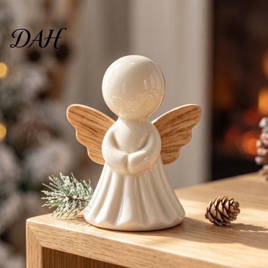 Resin Ornaments for Desktop Minimalist Angel Figurine with Wood Texture Wings, Compact Statue, Decorative Statues Living Room White Sculpture
