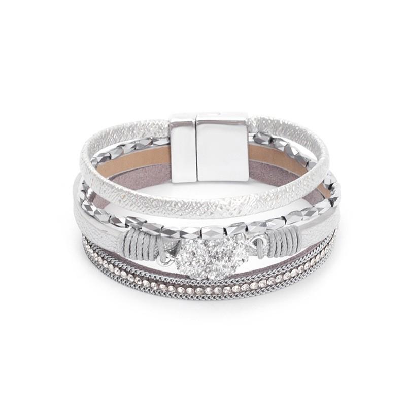 Crystal Rhinestone Vintage Ethnic Beaded Magnetic Clasp Leather PU Bracelet Women Men