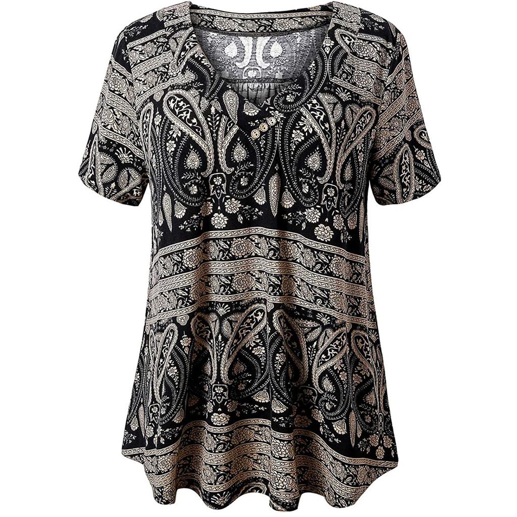 Fashion Ladies Print V-Neck Short Sleeve Top Pullover Loose T-Shirt