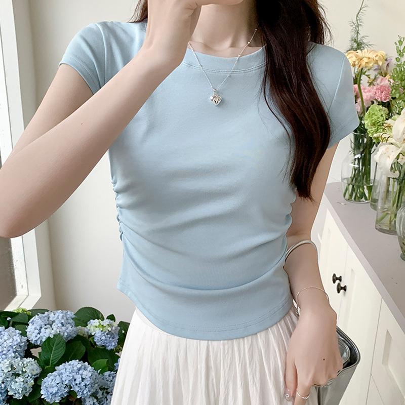 Round Neck T-shirt Short-sleeved Women's Summer New Slim Half-sleeved American Inner Top French Waist Pinch