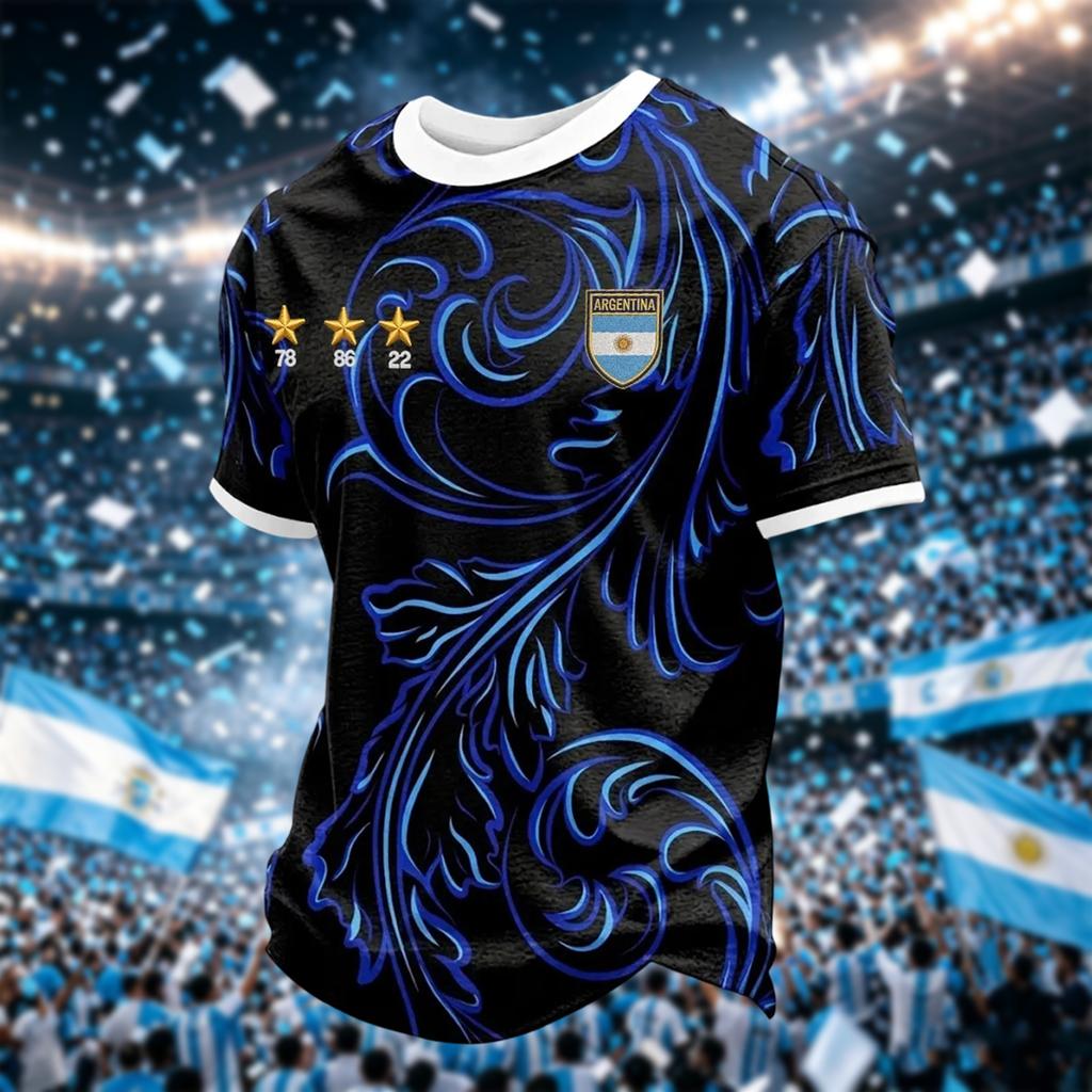 Argentina Men's Casual Printed Neck Short Sleeve T-Shirt Lightweight Breathable Summer Top