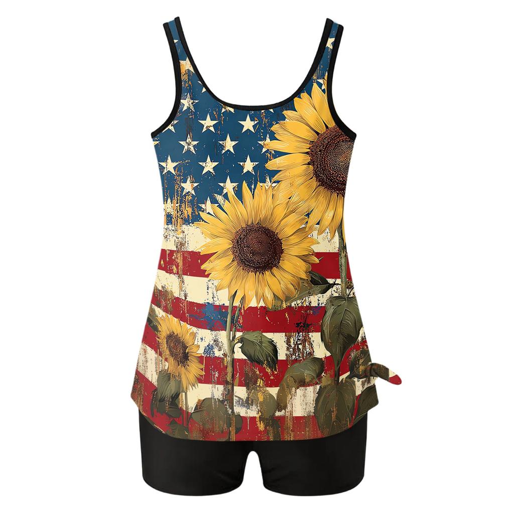 Womens Sleeveless Tankini Top Two Piece Swimwear Set 2026 Summer Fashion Floral Printed Crewneck Causal Tunic Swim Top