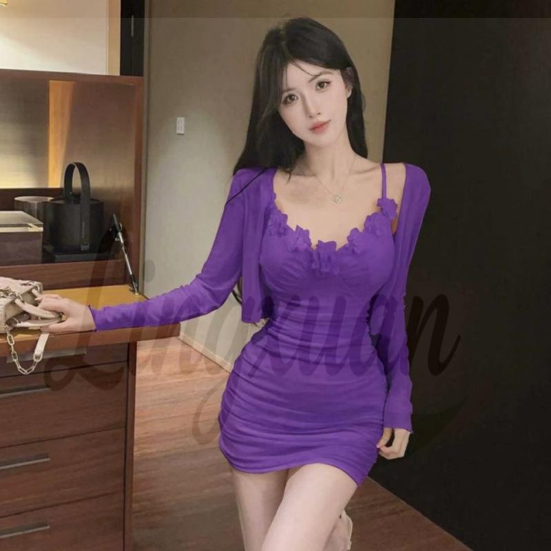 

French V-Neck Floral Patchwork Mesh Jacket & Dress Set for Women Medium фиолетовый