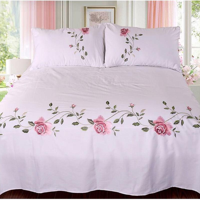 WOSTAR Rose Flora Embroidery Design Flat Bed Sheet Solid Colour Cotton Twill Linen Bedding Luxury Home Textiles Queen King Size