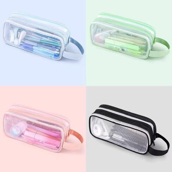 Transparent Mesh Pencil Case Large Capacity Double Layer Pen Bag for Students Lightweight Stationery Pouch for School Office Exams