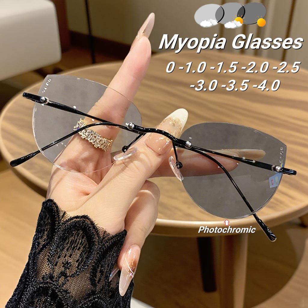 Rimless Cat Eye Photochromic Myopia Glasses Diamond Decor Ultralight High-definition Anti Blue Light Glasses Near Sight Glasses
