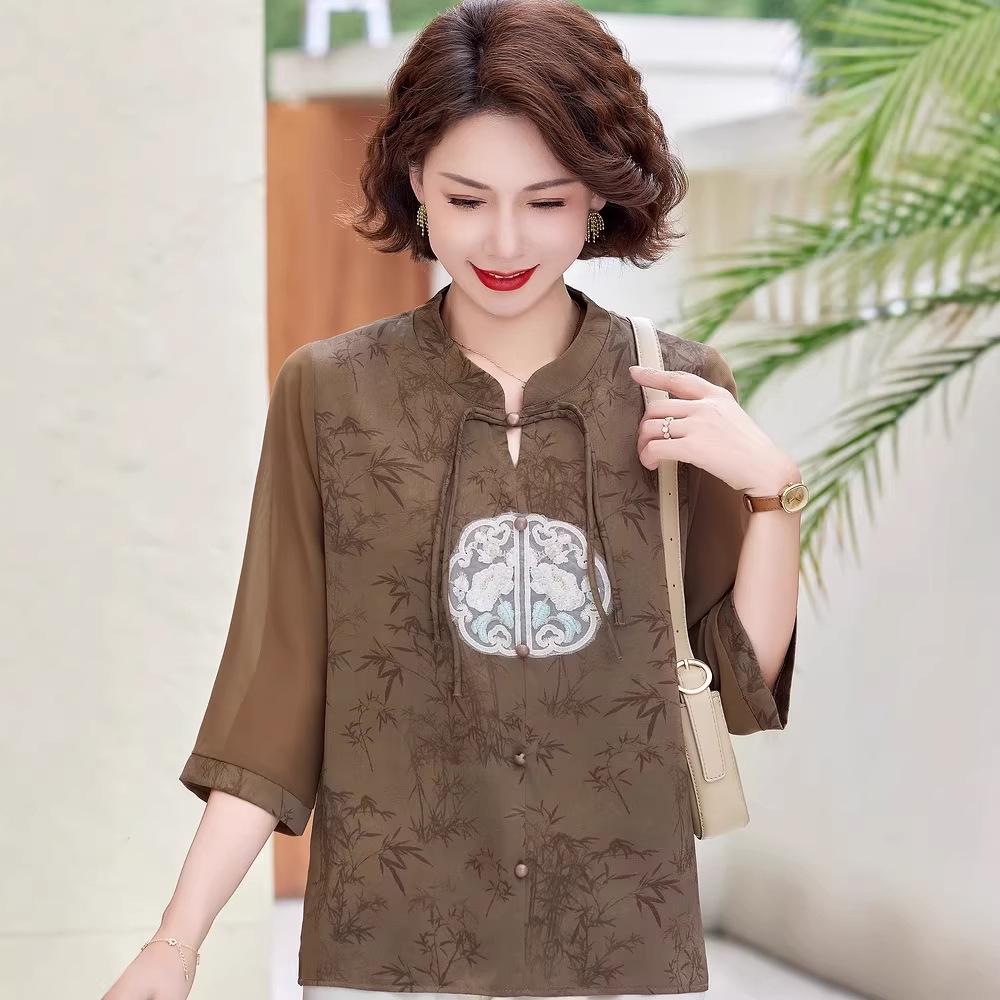 Mom's New Summer Chiffon Blouse: Chinese-Style Two-Piece Set for Middle-Aged & Elderly Women