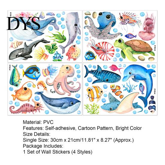 Background Stickers 1 Set Wall Sea Turtle Octopus Fish Cartoon Self-adhesive Decals Bright Color PVC Marine Life Posters Home Decor