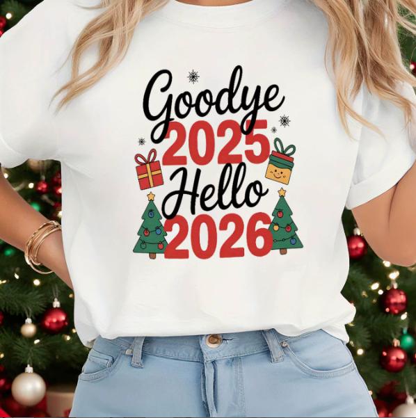 Hello 2026 New Years Eve Short Sleeved Womens Loose and Comfortable Plus Size Tshirt New Year Party Clothing Womens Clothing