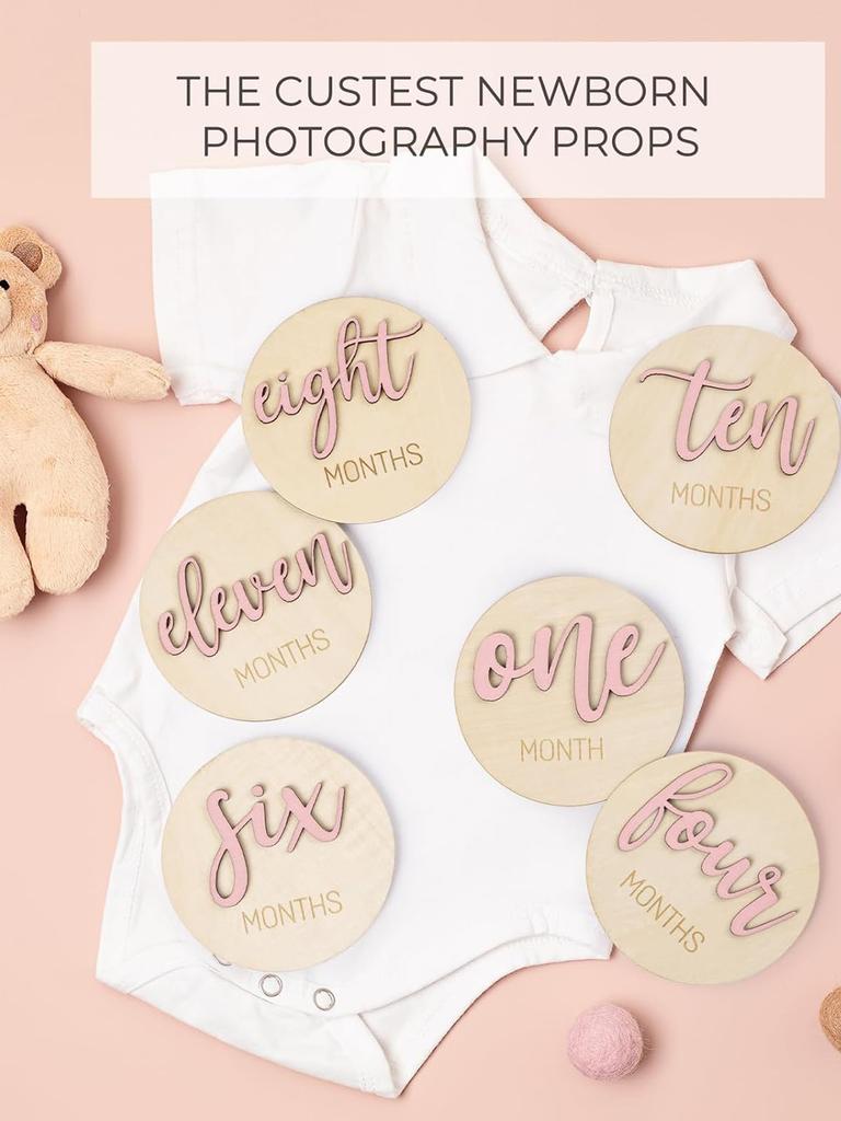 Newborn Baby Milestone Number Monthly Commemorative Card, Double-sided Wooden Monthly Milestone Card Photography Birth Gift