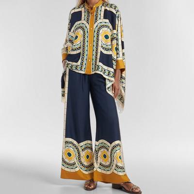 Fashion Pants Sets Women Irregular Vintage Print Loose Long Sleeve Shirt Wide Leg Trousers Two Piece Set Female Trend Streetwear