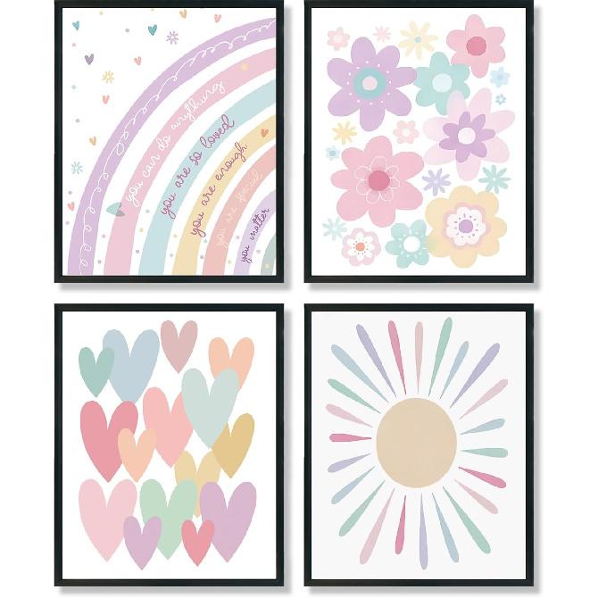 ULEGIE Pastel Boho Nursery Girl Affirmation Wall Art Prints Set of 4, Girls Room Wall Decor, Boho Sunshine Rainbow Floral Nursery Wall Decor for