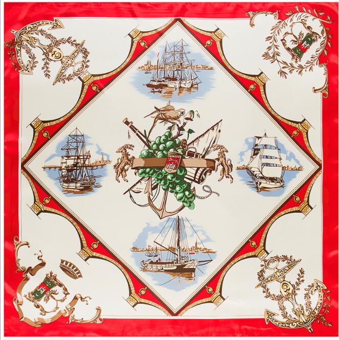 90*90cm Luxury Brand Women Silk Scarfs Sailing Boat Design Square Scarves Spring Summer Shawls For Ladies