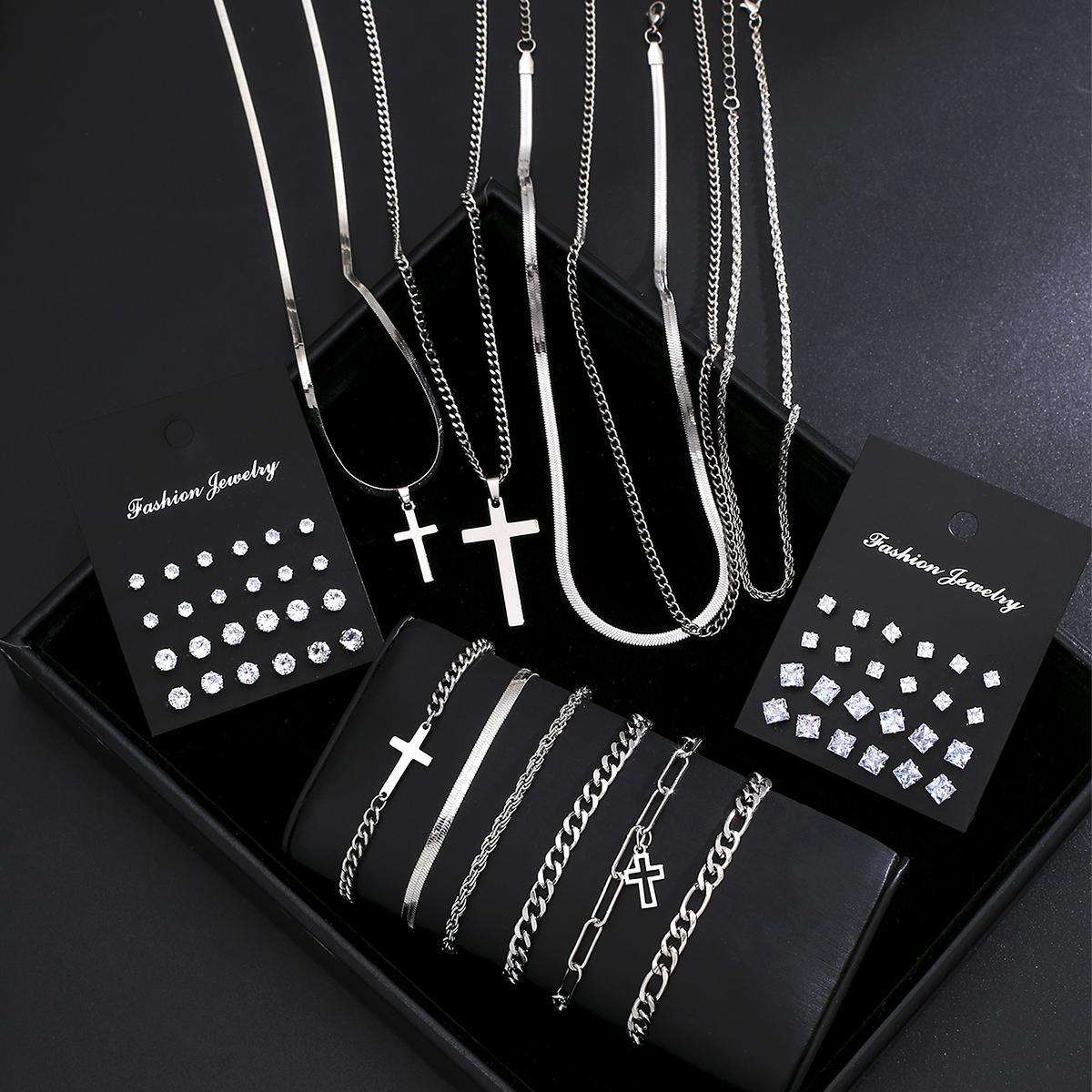 

59pcs Stainless Steel Punk Jewelry Set for Men Women Zircon Cross Pendant Necklace Bracelet Earring Sets Unisex Hip Hop Jewelry