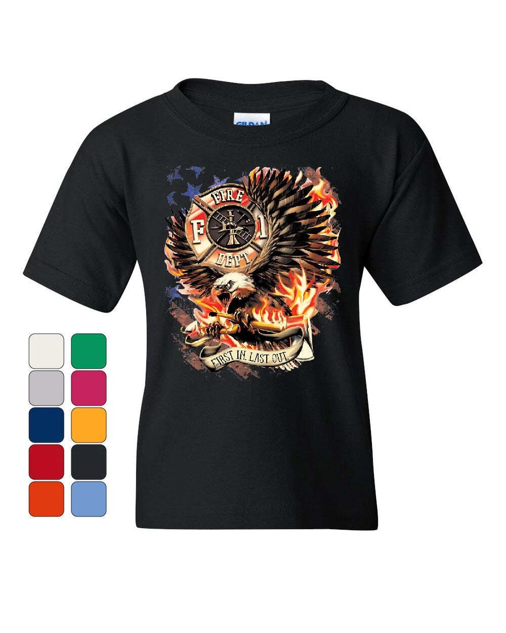 

First In Last Out Youth kids boys T-Shirt Fire & Rescue FD American Firefighter Kids Tee 130