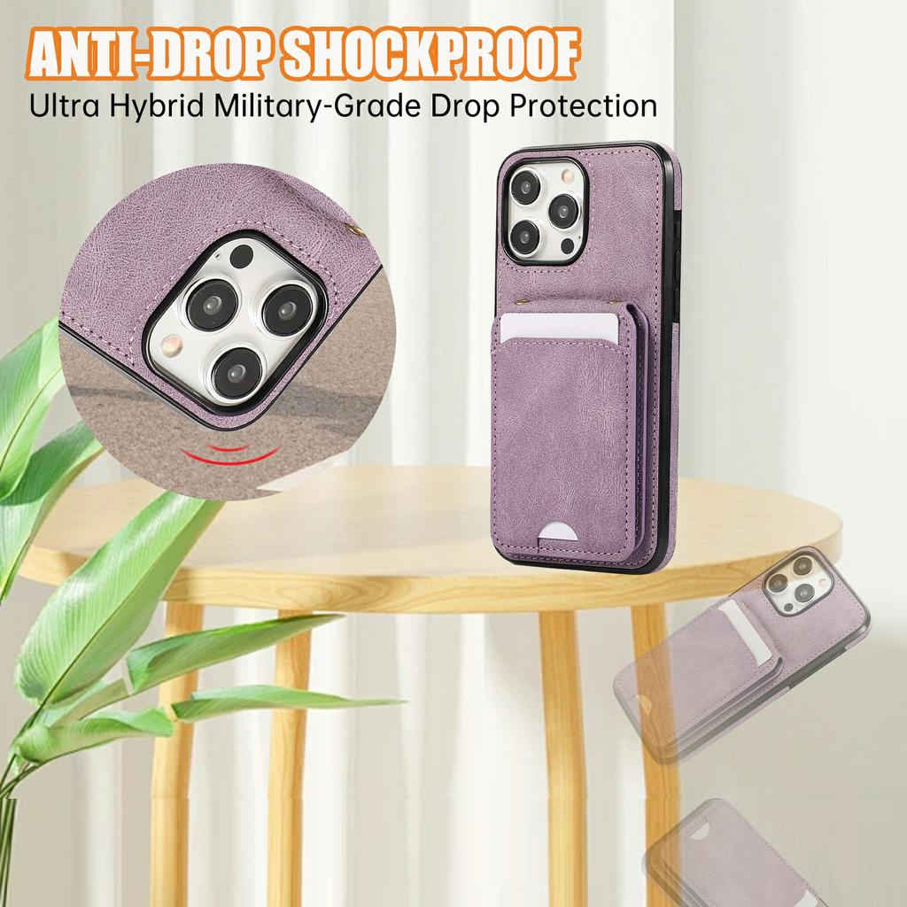 For iPhone 16 Pro Case Card Holder Kickstand Leather+TPU Phone Cover with Shoulder Strap