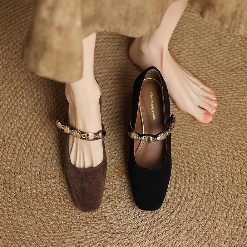 New Four-season Wear High-heeled Small Leather Shoes Comfortable Leather Large-size Single Shoes Women's Square Head Beef Tendon Sole Suede Cowh