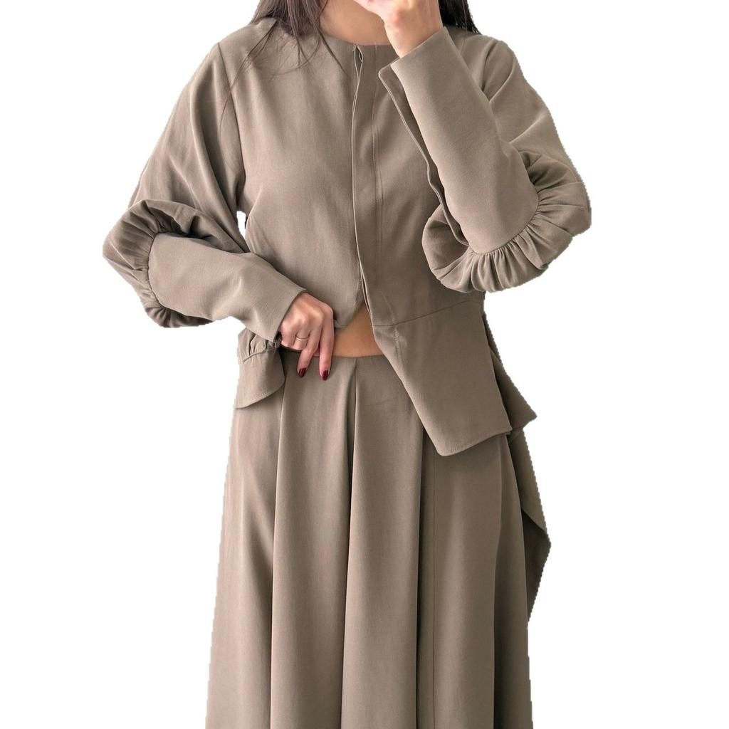 European and American Women's Clothing New High-end Design Round Neck Long-sleeved Lace-up Waist Cardigan Long Skirt Set