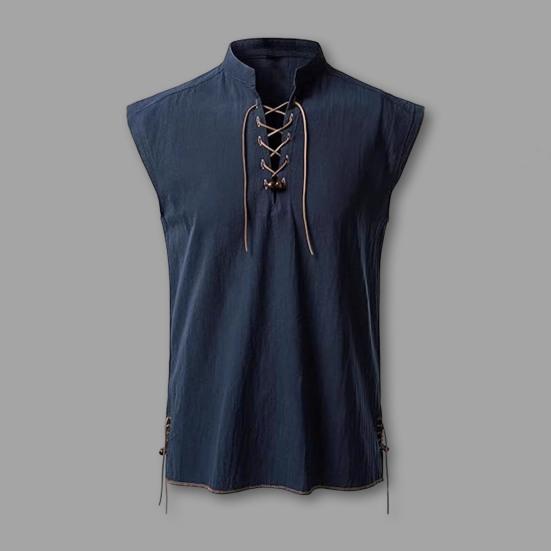 Pánská jednobarevná košile bez rukávů, ležérní stojáček, křížové šněrování, vintage streetwear, prodyšný letní top na plážovou dovolenou