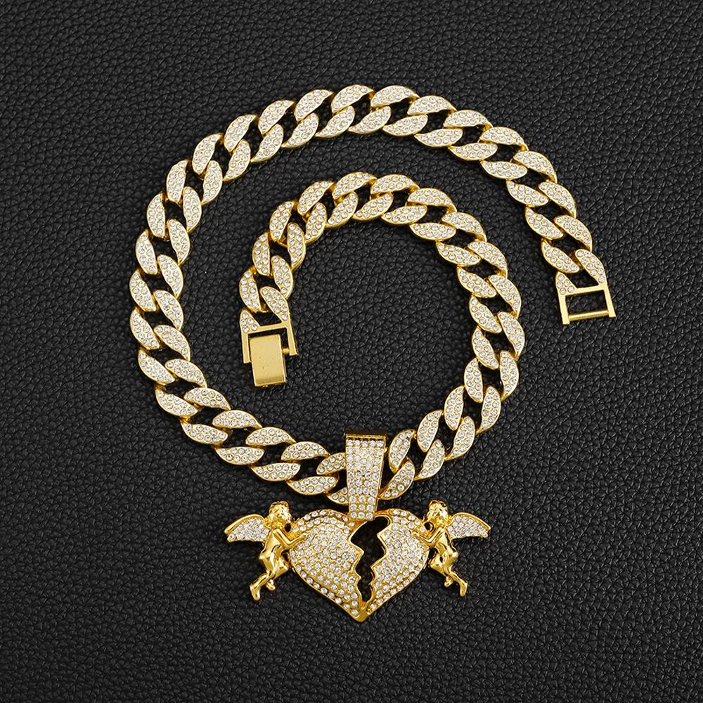 Trendy Men's Women Hip Hop Sparkling Angel Love Heart Pendant Necklace with 15mm Cuban Chain Necklace Charm Jewelry Factory Sale
