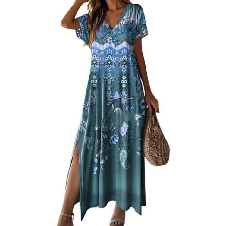 Summer Women Dress Retro Ethnic Style V Neck Short Sleeves Loose A-line Colorful Print Soft Beach Vacation Maxi Dress Ankle Length Side Split