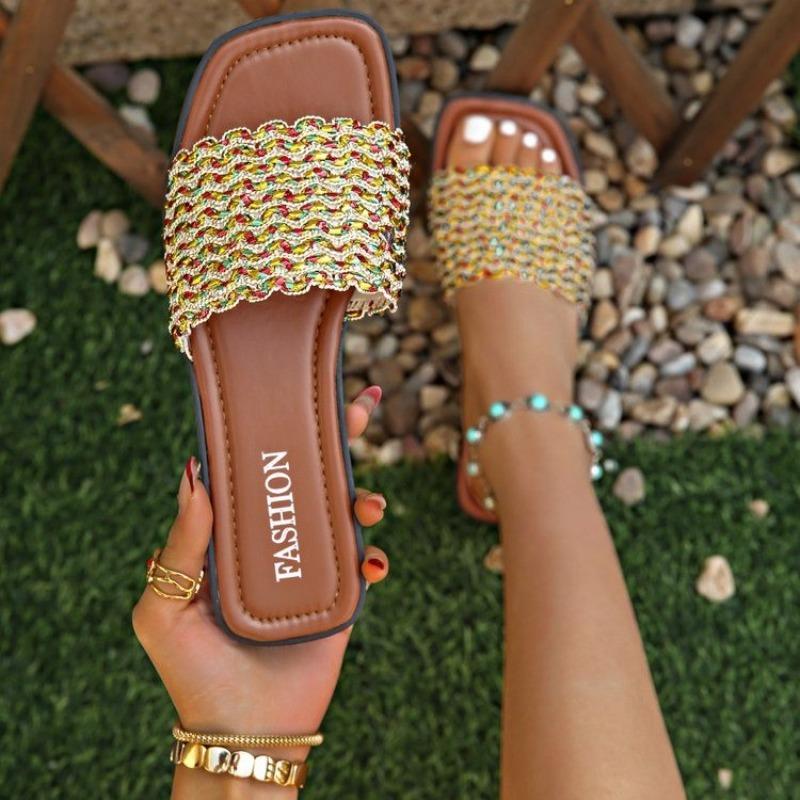 Women's Square Head Open Toe Woven Cloth Surface Soft Sole Anti-slip Wear-resistant Low-heeled Sandals Summer Slippers