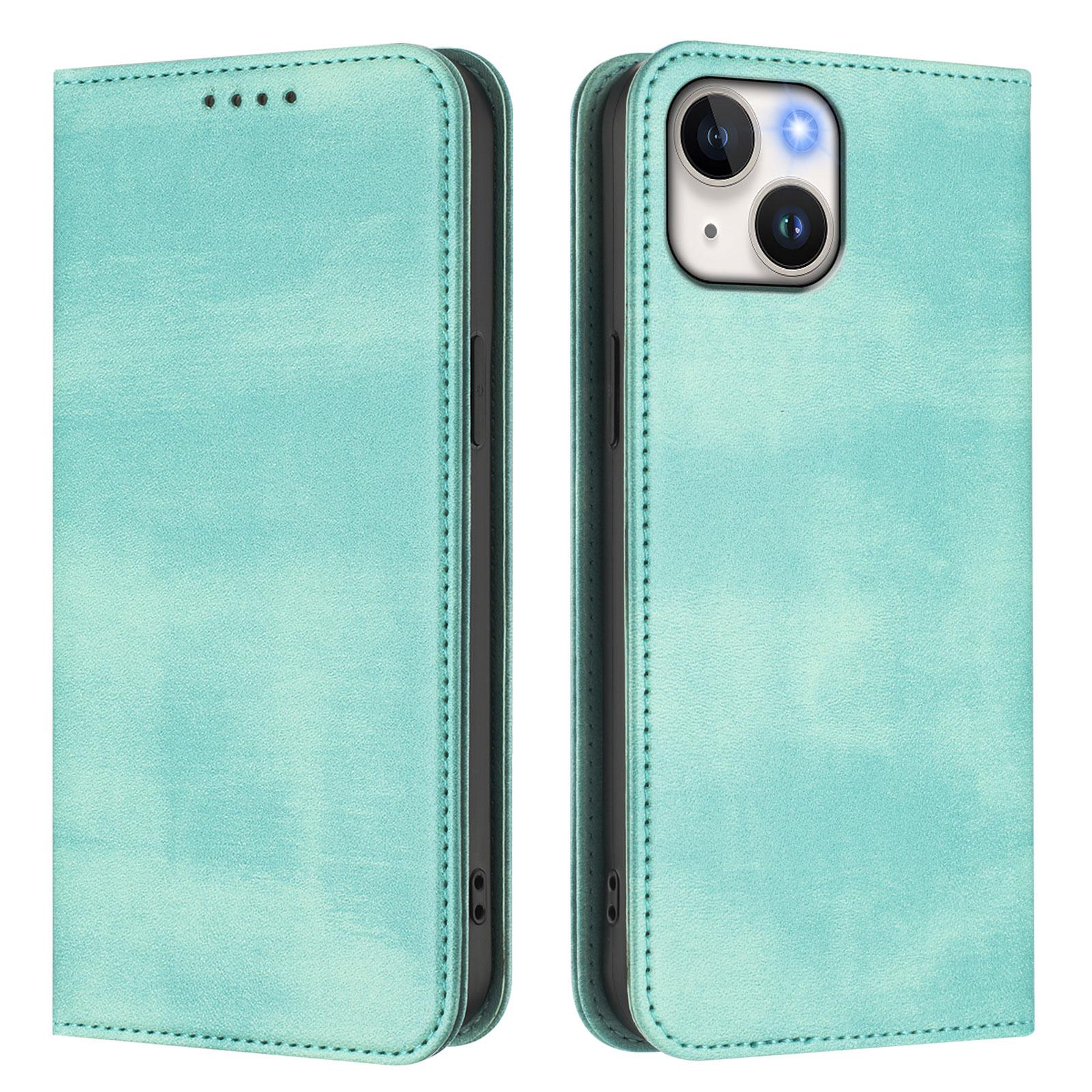 

For iPhone 15 Wallet Cases Retro Texture RFID Blocking Leather Phone Cover Mint Green