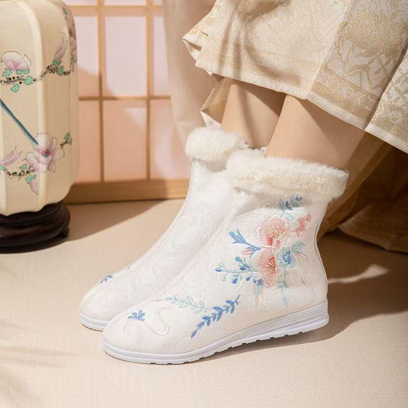 Winter Women's Flat Sole High Top Embroidered Cotton Boots Soft Sole Non Slip Plush Warm Ethnic Style Zippers Hanfu Boots