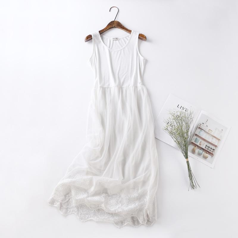 Rochie Casual de Vară Dulce cu Broderie Florală Rochie Tank Femei Fără Mâneci Dulce Moale Modal Strat Dantelă